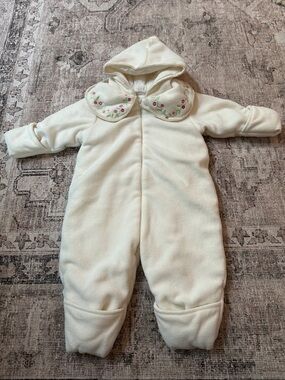 Cream Hooded Baby One-Piece Snowsuit with Embroidered Collar